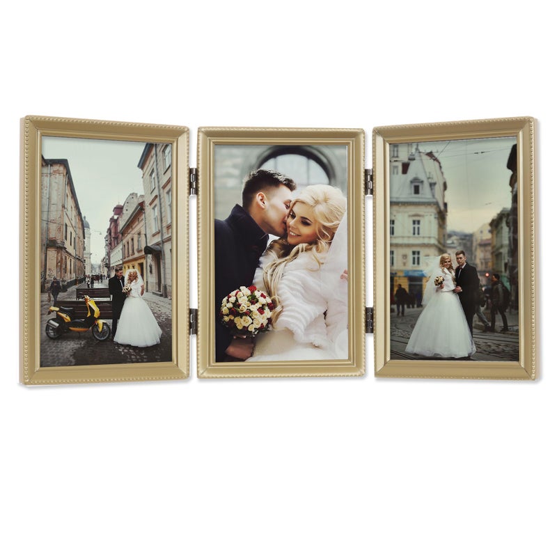 Lawrence Frames Antique Brass 4x6 Hinged Triple Picture Frame - Bead Border Design, Satin Gold - Image 1